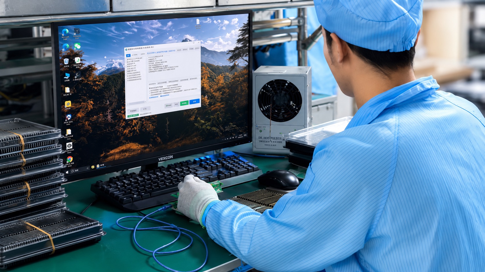 Inspector at a test station reviewing results for a batch of memory modules
